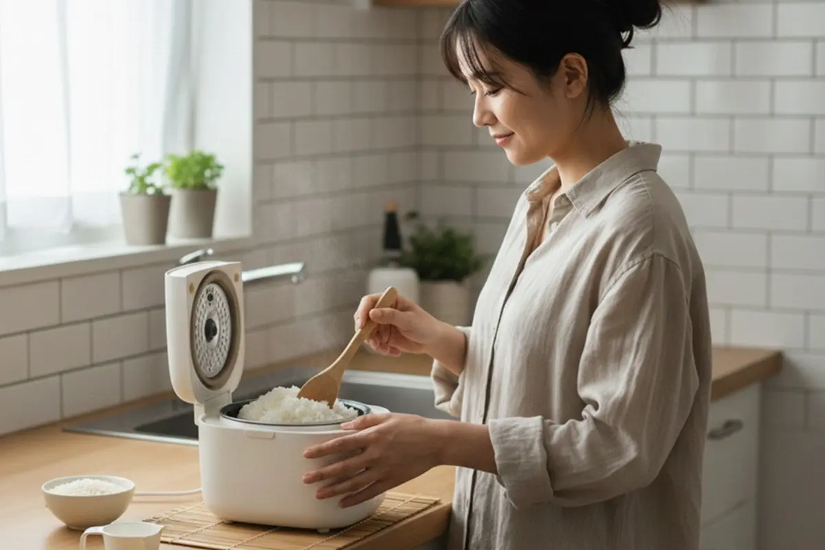 memasak nasi di rice cooker