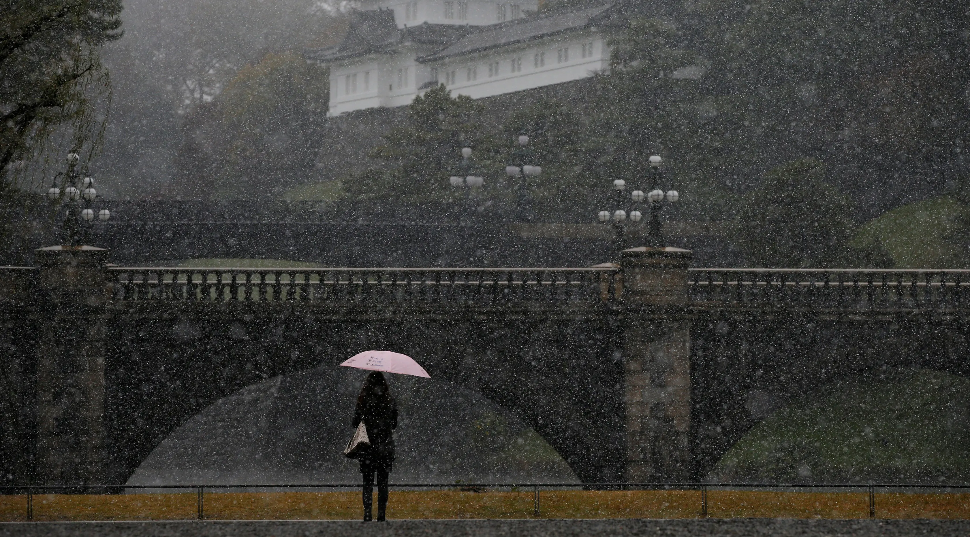 Kota Tokyo dilanda hujan salju pada bulan November untuk pertama kali dalam 54 tahun terakhir, Jepang, Kamis (24/11). Salju yang turun cukup deras memperlambat aktivitas warga Tokyo pada jam-jam sibuk. (REUTERS / Toru Hanai)