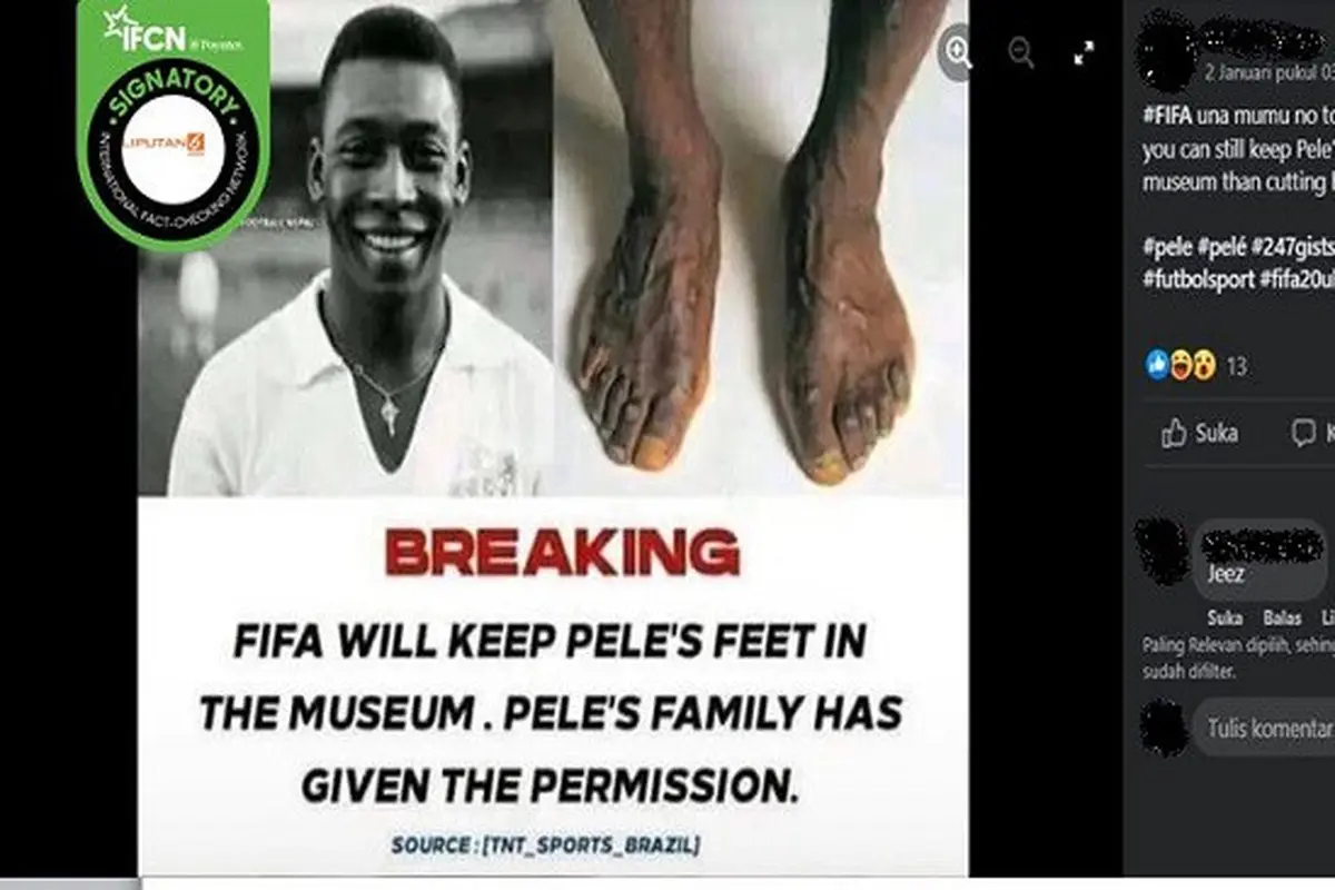 Gambar Tangkapan Layar Kabar tentang FIFA Simpan Kaki Pele di Museum (sumber: Facebook).
