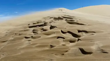 Seorang turis berdiri di atas bukit pasir Taman Nasional Altynemel, Almaty, Kazakhstan, 12 Mei 2016. Bukit pasir yang membentang hingga 3 km dan tinggi 30 m ini dapat menghasilkan gemuruh bernada rendah yang seolah-olah bernyanyi (REUTERS/Shamil Zhumatov)