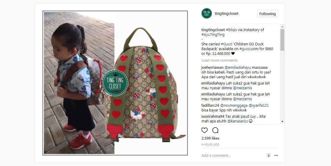 Tas sekolah Bilqis bernilai fantastis [Instagram/tingtingcloset]