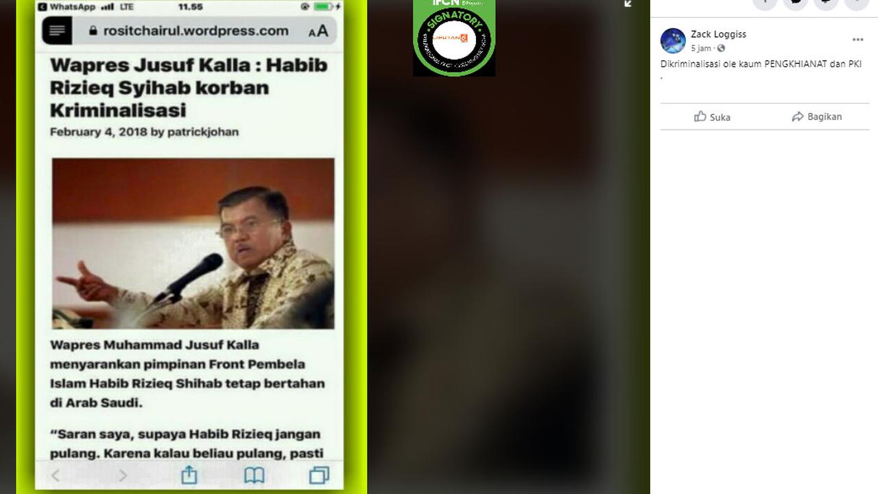 klaim Jusuf Kalla menyatakan Rizieq Shihab korban kriminalisasi