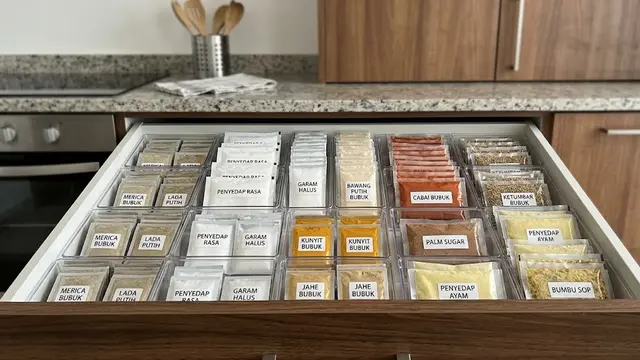 Ide menata bumbu sachet agar mudah dicari dan tidak bikin dapur berantakan model susun bumbu dalam laci dapur