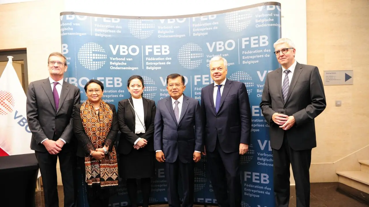 JK di acara Belgium High Level Roundtable Discussion di Federation of Enterprises in Belgium (FEB) di Brussel (Foto: Putu/Liputan6.com)