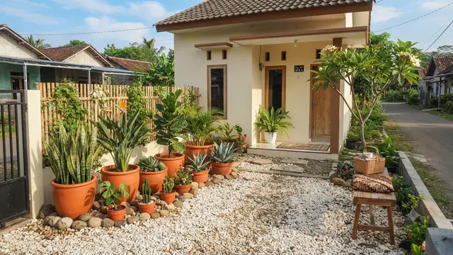 Gaya taman kering estetik ala resort di rumah mungil jadi ekslusif model dengan pot ukuran berbeda