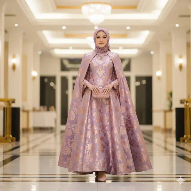 Dress A-Line Brokat dengan Cape Detachable