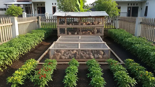 Kandang Puyuh di Tengah Lahan dengan Cabai Rawit Mengelilingi Kandang