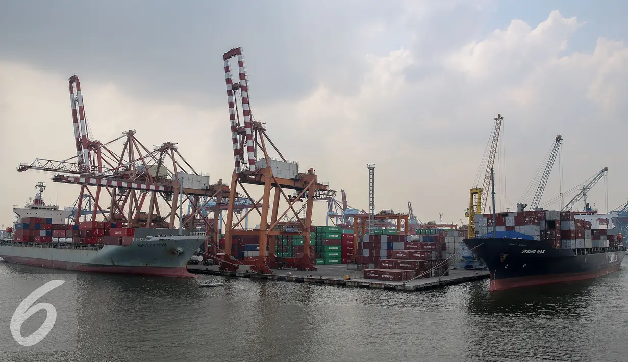 Sejumlah kapal menurunkan peti kemas diTanjung Priok, Jakarta (10/11). Badan Pusat Statistik menyebutkan kinerja ekspor Indonesia pada kuartal III 2015 minus 0,69 persen dan impor minus 6,11 persen dibanding tahun lalu. (Liputan6.com/Faizal Fanani)