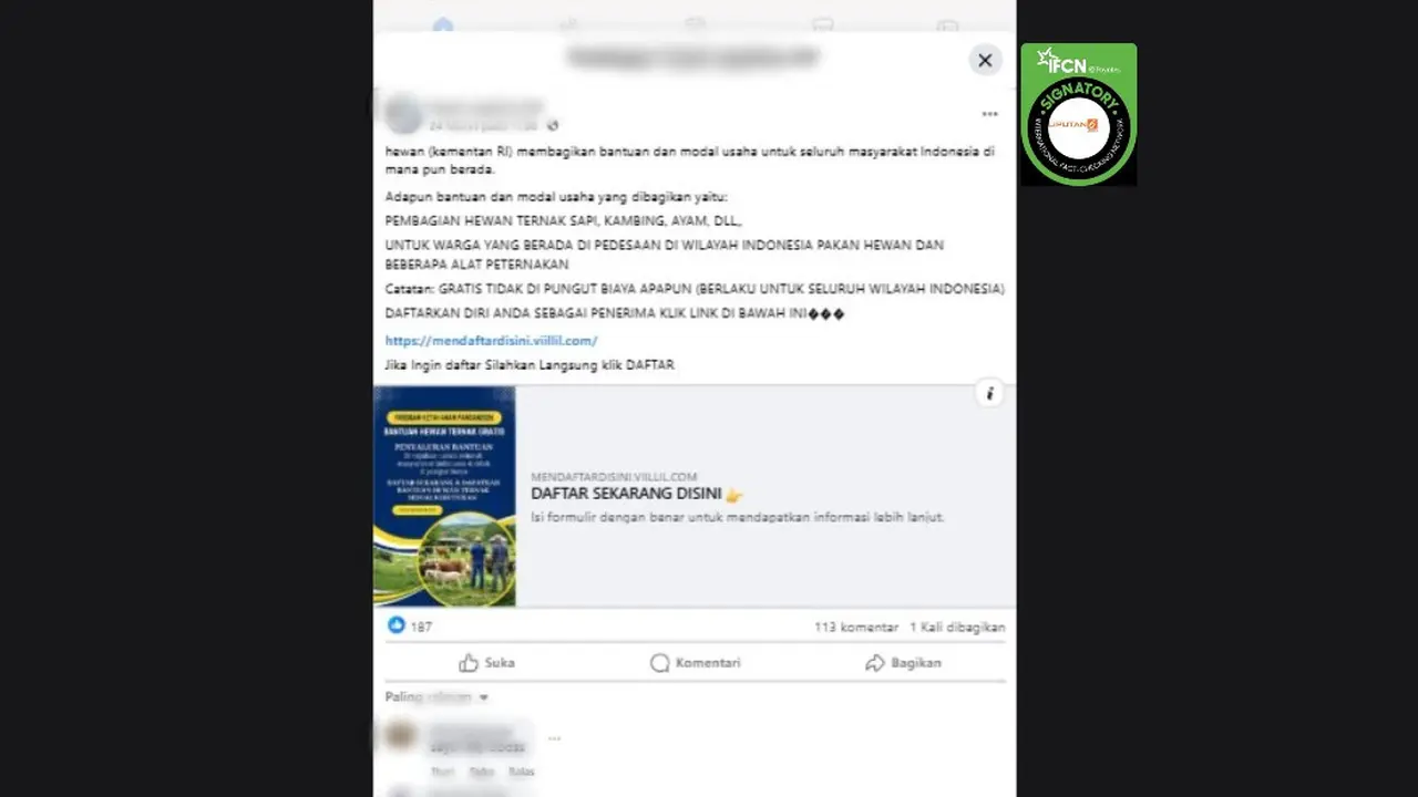 Cek Fakta Liputan6.com mendapati klaim link pendaftaran bantuan hewan ternak dari Kementan seperti sapi, kambing, dan ayam.