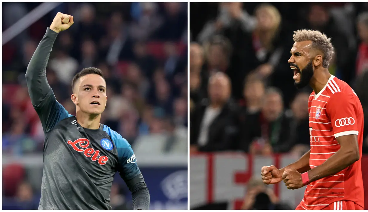 Ekspresi dari Giacomo Raspadori (kiri) usai Napoli menunjukkan penampilan luar biasa saat mengalahkan Ajax Amsterdam 6-1 pada matchday ketiga Grup A Liga Champions 2022/2023. Dan eskpresi dari Eric Maxim Choupo-Moting (kanan) saat Bayern Munchen mengalahkan Viktoria Plzen dengan skor 5-0 di Allianz Arena, Jerman, Selasa (4/10/2022) malam WIB. (AFP/Francois Walschaerts, Christof Stache)