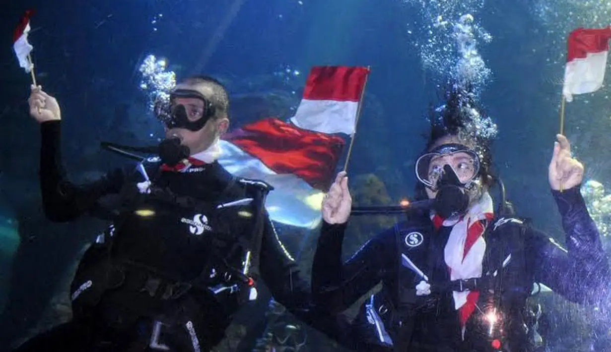 Chua mengibarkan bendera merah putih dalam aquarium terbesar untuk memperingati hari Kemerdekaan Republik Indonesia yang ke-70 tahun. (dok. Liputan6)