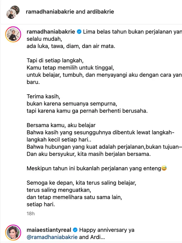 Unggahan Nia Ramadhani dan Ardi Bakrie. (Foto: Dok. Instagram @ramadhaniabakrie)