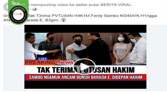 Gambar Tangkapan Layar Video yang Diklaim Ferdy Sambo Tak Terima Putusan Hakim dan Ancam Membunuh Bharada E (sumber: Facebook).