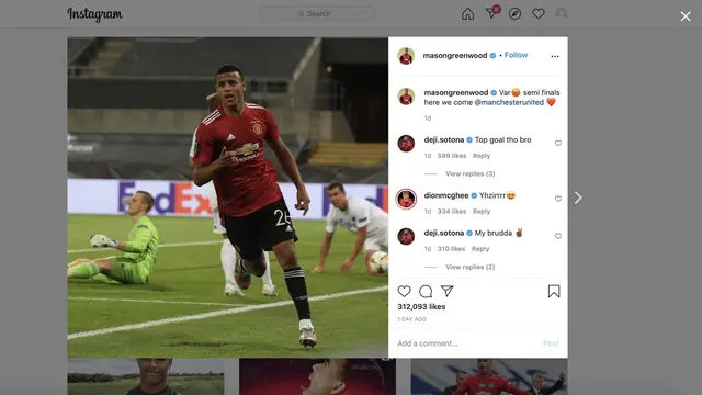 Pemain muda Manchester United (MU), Mason Greenwood tampak antusias menyambut babak semifinal Liga Europa 2019/2020