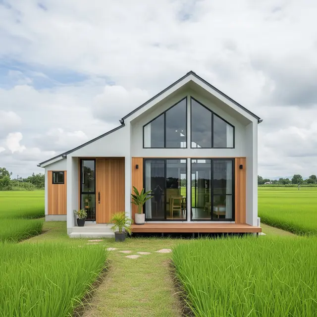 Model Rumah Desa di Lahan Bekas Sawah yang Subur