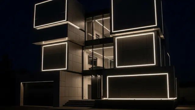 Fasad Rumah Dua Lantai dengan Panel Geometris dan LED Tersembunyi