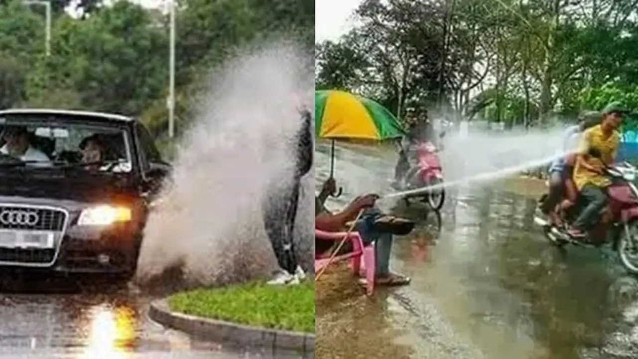 6 Momen Apes Kecipratan Air di Jalan Raya Ini Melatih Kesabaran, Jadi Elus Dada
