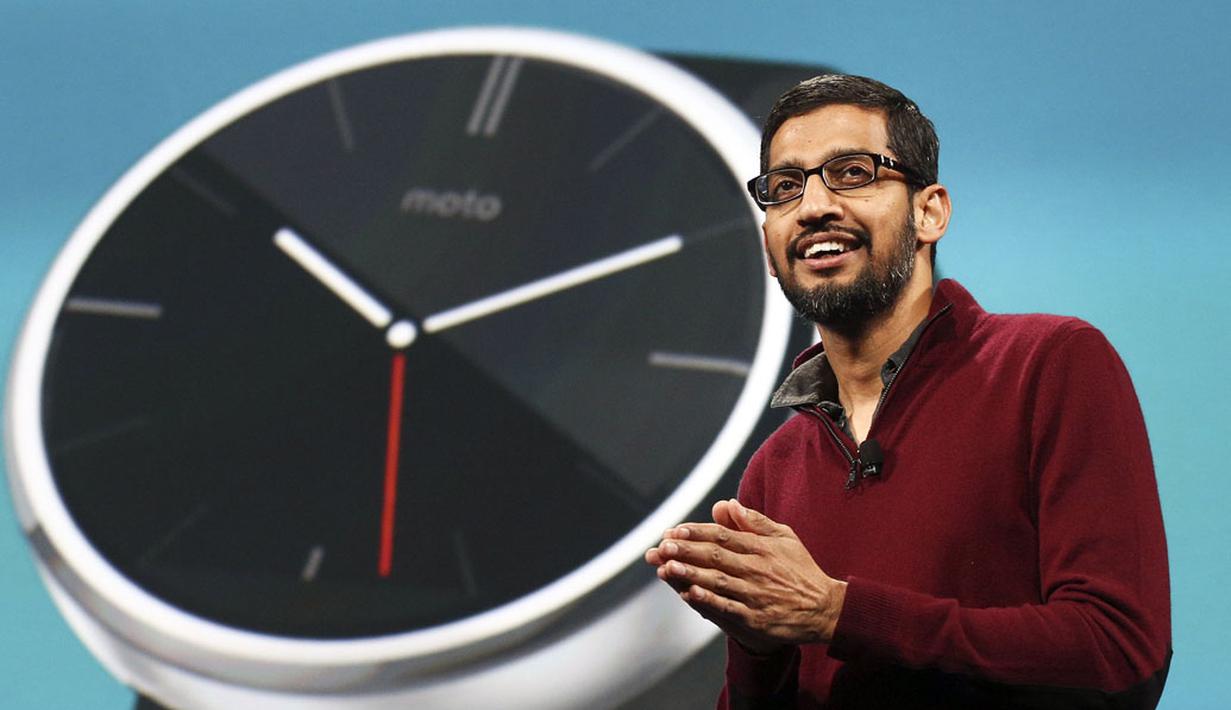 Wakil Presiden Senior Google Android, Chrome dan Apps, Sundar Pichai, tampil sebagai pembicara pada konferensi pengembang aplikasi Google I/O 2014 di San Francisco, (25/6/2014). (REUTERS/Elia Nouvelage) 