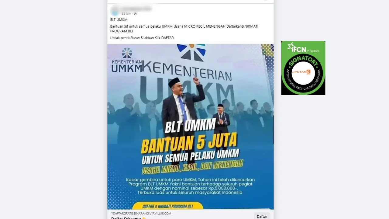 Tangkapan layar klaim link pendaftaran BLT UMKM sebesar Rp 5 juta yang beredar di Facebook.