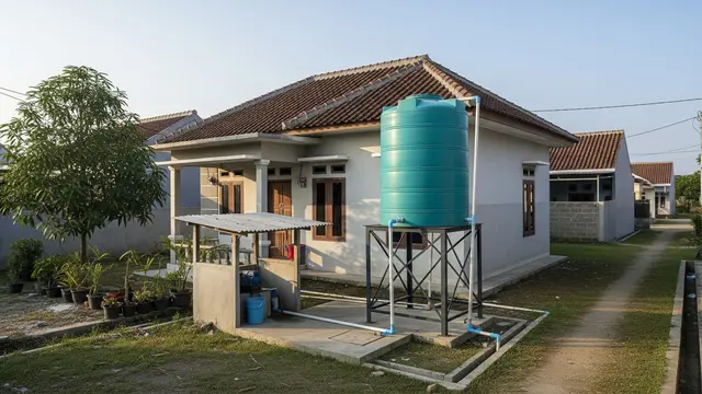 Posisi ideal toren air di area belakang rumah dekat sumber air