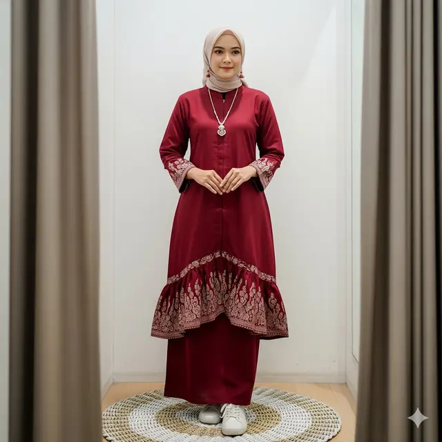 Gamis Batik Maroon dengan Aksen Ruffle Brokat