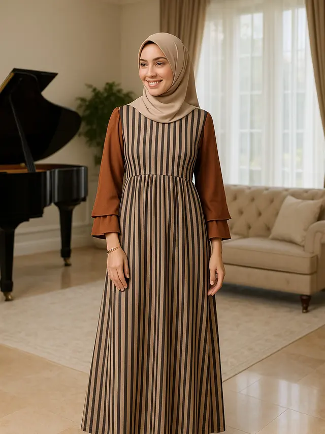 Model Gamis Lurik Kombinasi Polos di Lengan untuk Ibu-ibu 40 Tahun