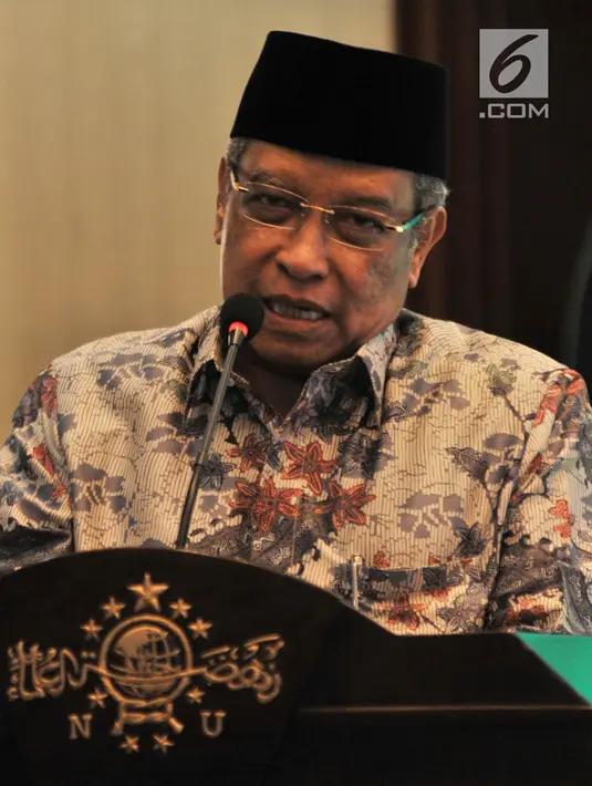 Ketum PBNU Said Aqil Siroj memberikan sambutan saat peluncuran Rumah Pangan Santri di Gedung PBNU, Jakarta, Rabu (3/10). PBNU dan Bulog meluncurkan Rumah Pangan Santri yang dapat diakses melalui aplikasi di ponsel pintar. (Merdeka.com/Iqbal S. Nugroho)