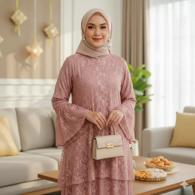 Model Gamis Layer Brokat untuk Lebaran 2026 (Foto: Gemini AI)