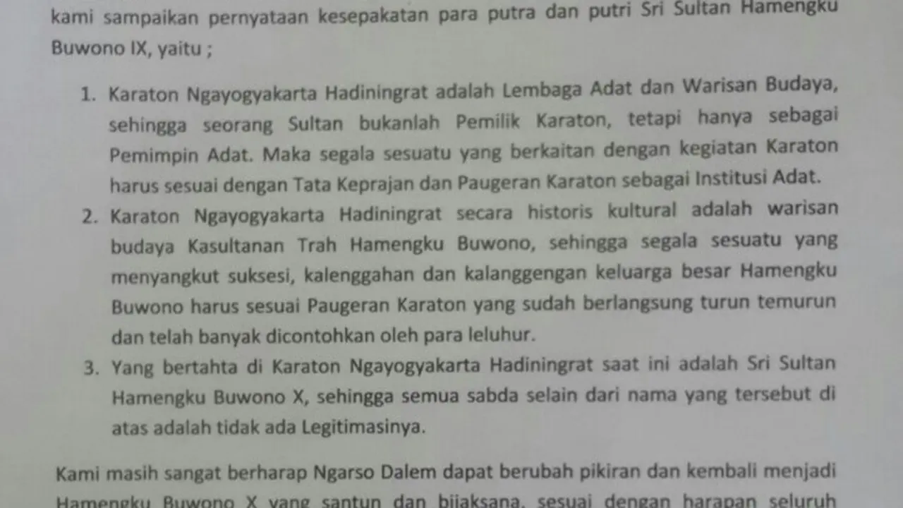 Tanggapi Titah Raja, Adik-adik Sultan HB X Kirim Surat Terbuka