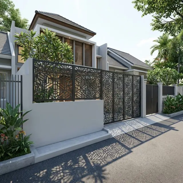Model Pagar Rumah dengan Kombinasi Tembok Rendah dan Besi Tipis