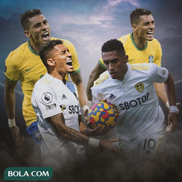 Raphinha berbagai gaya. Kombinasi jersey Leeds dan Brasil
