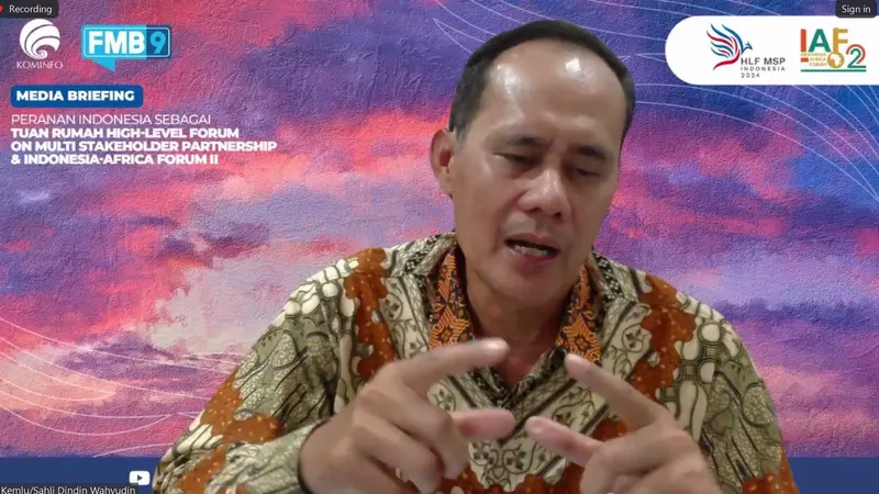 Staf Ahli Bidang Diplomasi Ekonomi Kementerian Luar Negeri RI Dindin Wahyudin dalam press briefing menjelang Indonesia-Africa Forum 2024 secara virtual, Kamis (1/8/2024).