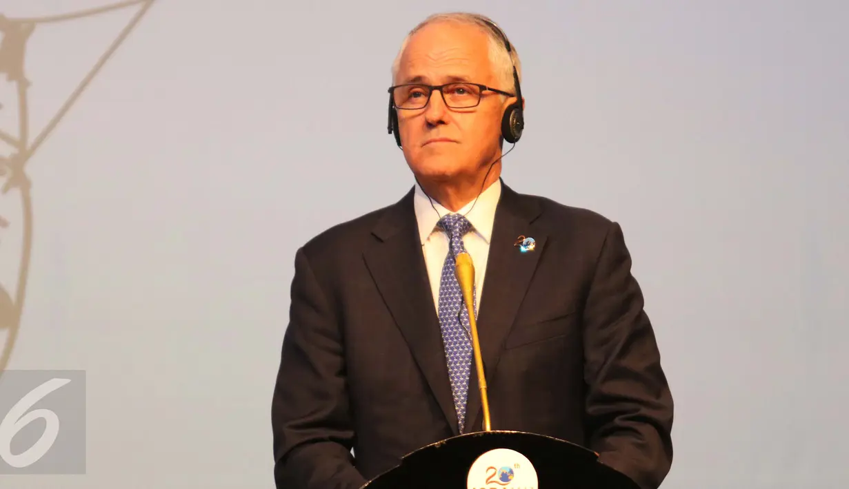 PM Australia Malcom Turnbull saat hadir dalam konferensi pers terkait hasil KTT IORA 2017 di JCC, Jakarta, Selasa (7/3). KTT IORA 2017 menghasilkan kesepakatan Jakarta Concord untuk peningkatan kerjasama regional. (Liputan6.com/Angga Yuniar)