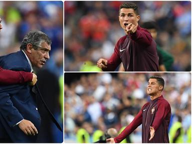 Cristiano Ronaldo pernah menjadi asisten pelatih dadakan dan membantu pelatih Portugal, Fernando Santos, saat Portugal berlaga di final Euro 2016. Berikut momen ketika Ronaldo menjadi asisten pelatih dadakan Portugal di final Euro 2016. (kolase foto AFP)