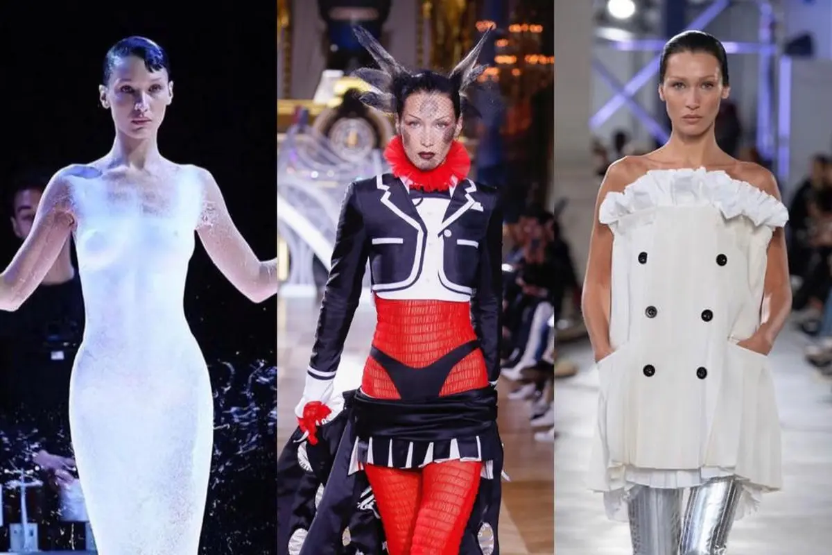 6 Potret Gaya Fenomenal Bella Hadid di Paris Fashion Week SS23, Gaun Semprot hingga Busana ala Kartun