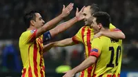 Trio pemain lulusan akademi La Masia milik Barcelona, Xavi Hernandez, Andres Iniesta, dan Lionel Messi. (AFP/Giuseppe Cacace)