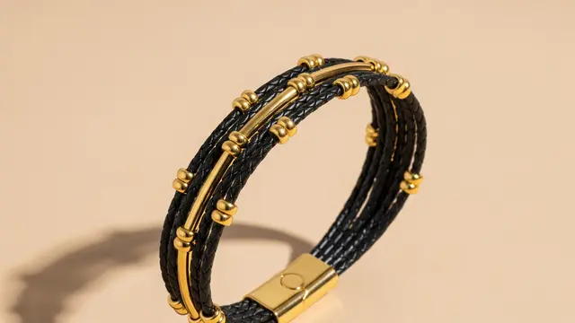 Gelang Tali Kulit dengan Aksen Emas