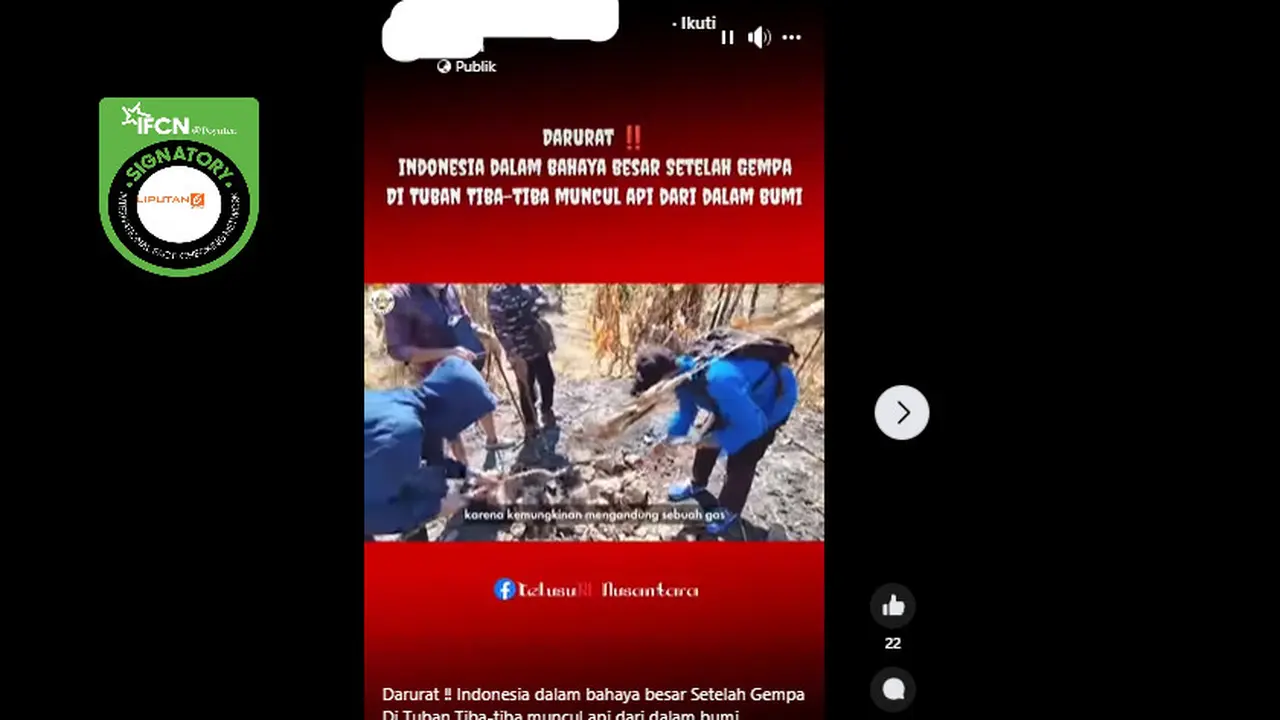 Tangkapan layar klaim video muncul api dari dalam bumi setelah gempa di Tuban