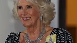 Camilla memadankan perhiasan spesial itu juga dengan anting-anting berlian berukuran besar serta kalung yang cocok. (Photo by ADRIAN DENNIS / AFP)