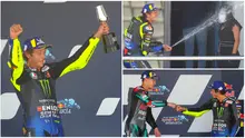 Berikut ini ekspresi bahagia Valentino Rossi setelah berhasil kembali naik podium Motogp