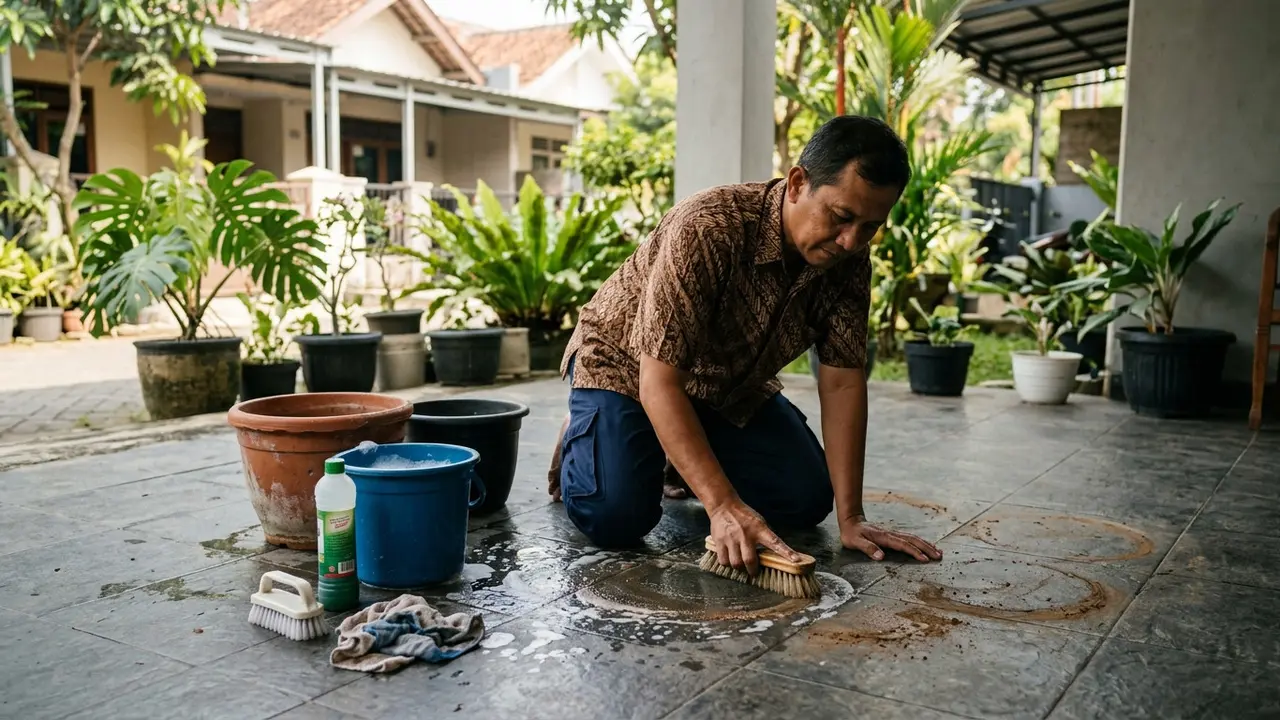 Cara Menghilangkan Noda Tanah Bekas Pot Tanaman di Teras