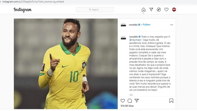 Ronaldo memuji Neymar yang baru saja melewati rekornya di Timnas Brasil (Instagram)
