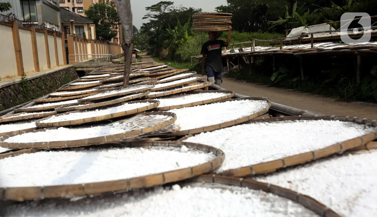 Pekerja membawa tepung aci di Sukaraja, Kabupaten Bogor, Jawa Barat, minggu (20/6/2021). Pemerintah mengklaim hasil pelaksanaan program Pemulihan Ekonomi Nasional (PEN) klaster dukungan UMKM membantu mayoritas penerima manfaat dapat bertahan selama pandemi COVID-19. (Liputan6.com/Angga Yuniar)