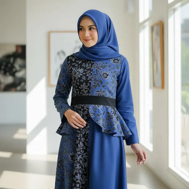 Model Dress Batik Kombinasi Kain Polos Warna Biru dan Hitam Modern