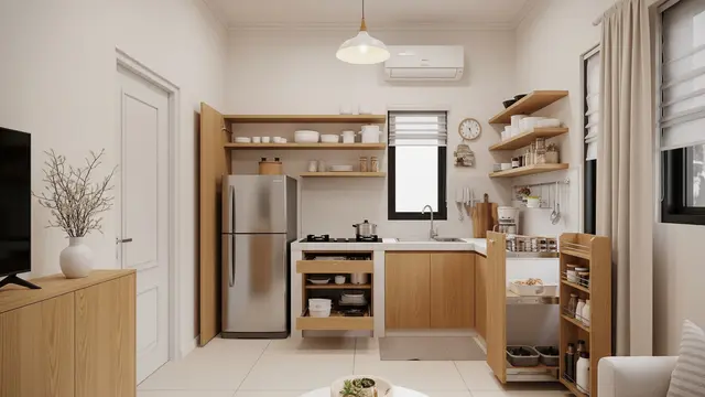 Inspirasi Rumah Type 45 dengan Dapur Terbuka Anti Asap dan Bau yang Bikin Sehat Penghuninya Model Pemanfaatan Ruang Vertikal dan Penyimpanan Cerdas