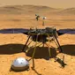 Konsep seniman yang menggambarkan pesawat pendarat InSight milik NASA. Robot ini berhasil menyentuh permukaan Mars. (Gambar via NASA / JPL-Caltech)