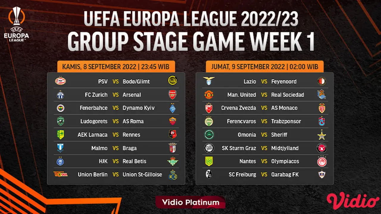 Jadwal Live Streaming Liga Europa 2022/2023 Matchweek 1 di Vidio 8-9 September, Malam Hari