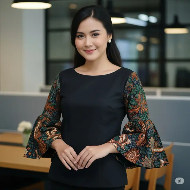 Batik Lengan Terompet Kombinasi Polos