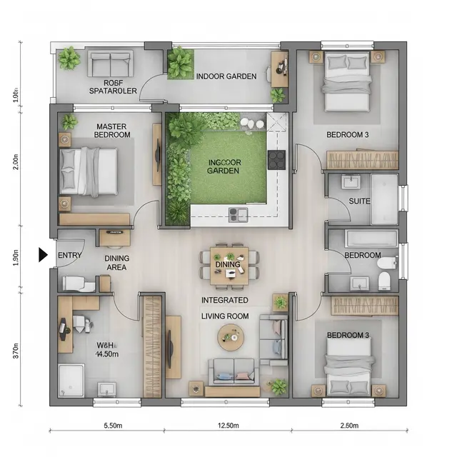 Denah Rumah 7x12 dengan 3 Kamar dan Ruang Makan Menyatu (Image by Gemini AI)