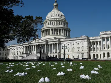 Serikat perawat Amerika Serikat (AS) meletakkan 164 pasang sepatu putih di luar US Capitol di Washington, DC pada Selasa (21/7/2020). Sepatu-sepatu itu melambangkan para perawat yang tewas akibat covid-19 dan menuntut Senat bertindak cepat melindungi perawat di garis depan. (Olivier DOULIERY/AFP)